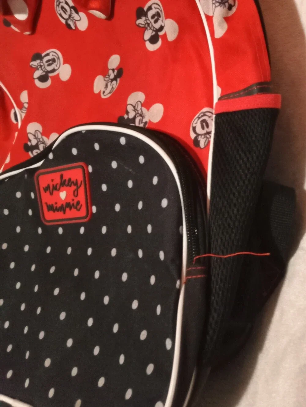 SUPER CUTE Disney Mickey and Minnie Mouse Red and Black Polka Dot Backpack